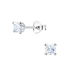 4mm Square Cubic Zirconia Silver Stud Earrings - 21449