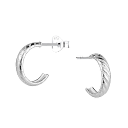 Silver Patterned Half Hoop Stud Earrings - 21653