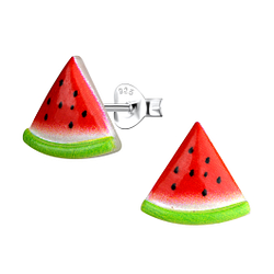 Silver Stud Earrings with Resin Watermelon - 22015