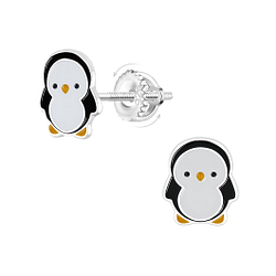 Silver Penguin Screw Back Earrings - 21938