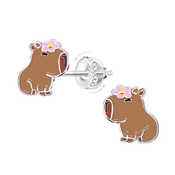 Silver Capybara Screw Back Earrings - 21949