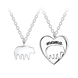 Silver Mama and Baby Bear Necklace Set - 22041