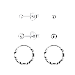 Silver Ball Studs and Hoop Earrings Set - 22356 Silver Ball Studs and Hoop Earrings Set - 22356