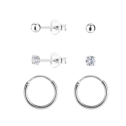 Silver Basic Studs And Hoop Earrings Set - 22359