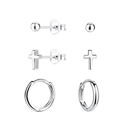 Silver Cross Stud and Huggie Earrings Set - 22361
