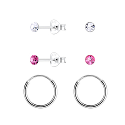 3mm Crystal Silver Stud and Hoop Earrings Set - 22358