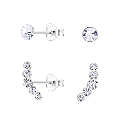Silver Curved Crystal Stud Earrings Set - 22317