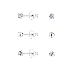 Silver Round Stud Earrings Set - 22331