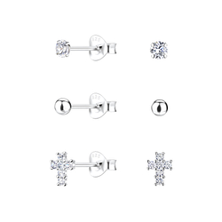 Silver Cross Stud Earrings Set - 22325