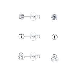 Silver Ball Stud Earrings Set - 22324