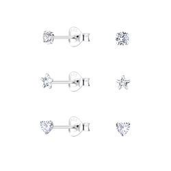 3mm Basic Cubic Zirconia Silver Stud Earrings Set - 22323