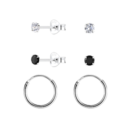 3mm Round Cubic Zirconia Silver Stud and Hoop Earrings Set - 22368