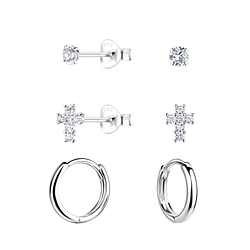 Silver Cross Stud and Huggie Earrings Set - 22369