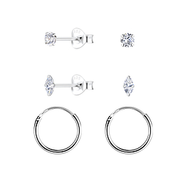 Silver Basic Cubic Zirconia Studs and Hoop Earrings Set - 22364