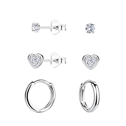 Silver Heart Stud and Huggie Earrings Set - 22363