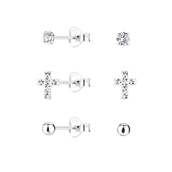 Silver Cross Stud Earrings Set - 22329