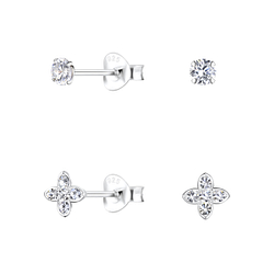 Silver Flower Stud Earrings Set - 22322