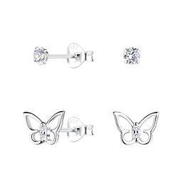 Silver Butterfly Stud Earrings Set - 22313