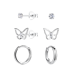 Silver Butterfly Stud and Huggie Earrings Set - 22370
