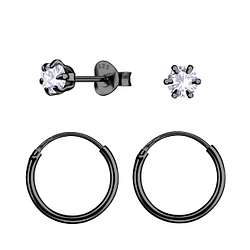 4mm Round Cubic Zirconia Silver Stud and Hoop Earrings Set - 22372