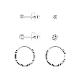 Silver Round Cubic Zirconia Studs and Hoop Earrings Set - 22357 Silver Round Cubic Zirconia Studs and Hoop Earrings Set - 22357