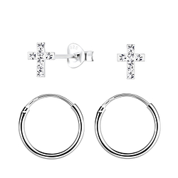 Silver Cross Stud and Hoop Earrings Set - 22349