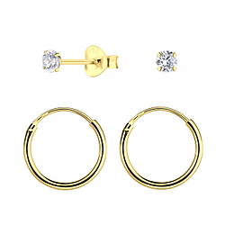 3mm Round Cubic Zirconia Silver Stud and Hoop Earrings Set - 22373