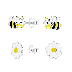 Silver Bee and Flower Stud Earrings Set - 22300 Silver Bee and Flower Stud Earrings Set - 22300