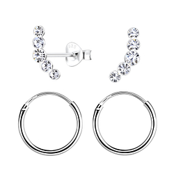 Silver Geometric Stud and Hoop Earrings Set - 22347