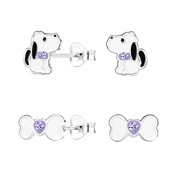 Silver Dog Stud Earrings Set - 22298