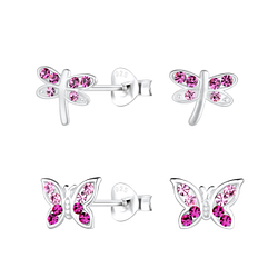 Silver Dragonfly and Butterfly Stud Earrings Set - 22299 Silver Dragonfly and Butterfly Stud Earrings Set - 22299