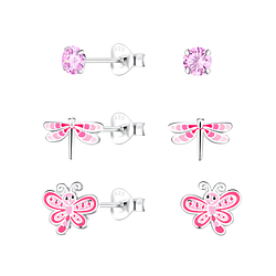 Silver Dragonfly and Butterfly Stud Earrings Set - 22311