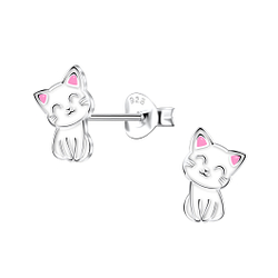 Silver Cat Stud Earrings - 22144