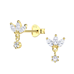 Silver Flower Stud Earrings with Hanging Stone - 22228