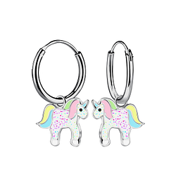 Silver Unicorn Charm Hoop Earrings - 22284