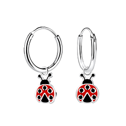 Silver Ladybug Charm Hoop Earrings - 22244