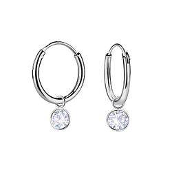 4mm Round Cubic Zirconia Silver Charm Hoop Earrings - 22289