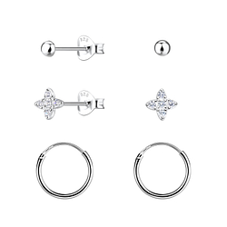 Silver Flower Stud and Hoop Earrings Set - 22796