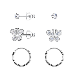 Silver Butterfly Stud and Hoop Earrings Set - 22802