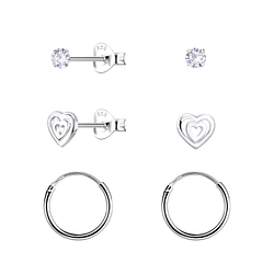 Silver Heart Stud and Hoop Earrings Set - 22806
