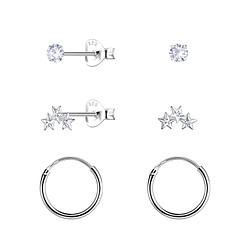 Silver Triple Star Stud and Hoop Earrings Set - 22798