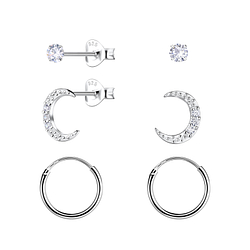 Silver Moon Stud and Hoop Earrings Set - 22804