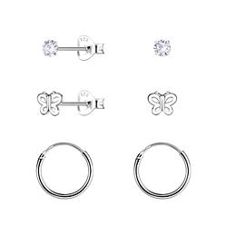 Silver Butterfly Stud and Hoop Earrings Set - 22803