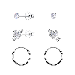 Silver Heart Stud and Hoop Earrings Set - 22801