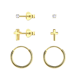Silver Cross Stud and Hoop Earrings Set - 22824