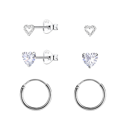 Silver Heart Stud and Hoop Earrings Set - 22808