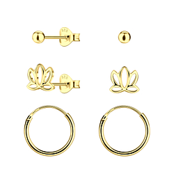 Silver Flower Stud and Hoop Earrings Set - 22818