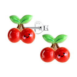 Silver Stud Earrings with Resin Cherry - 22767