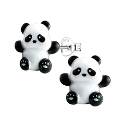 Silver Stud Earrings with Resin Panda - 22768