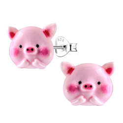 Silver Stud Earrings with Resin Pig - 22779